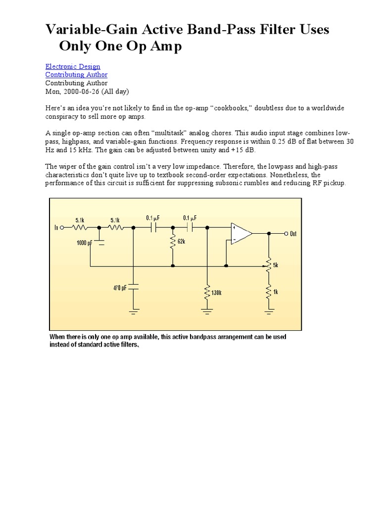 VariableGain Active Band Pass Filter Uses Only One Op-Amp | PDF