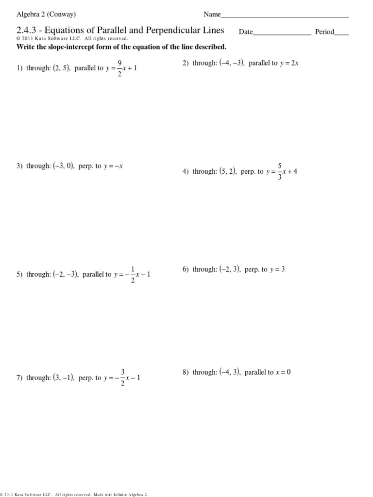 Worksheets Writing Equations Of Lines Worksheet 2 4 3 equations of parallel and perpendicular lines