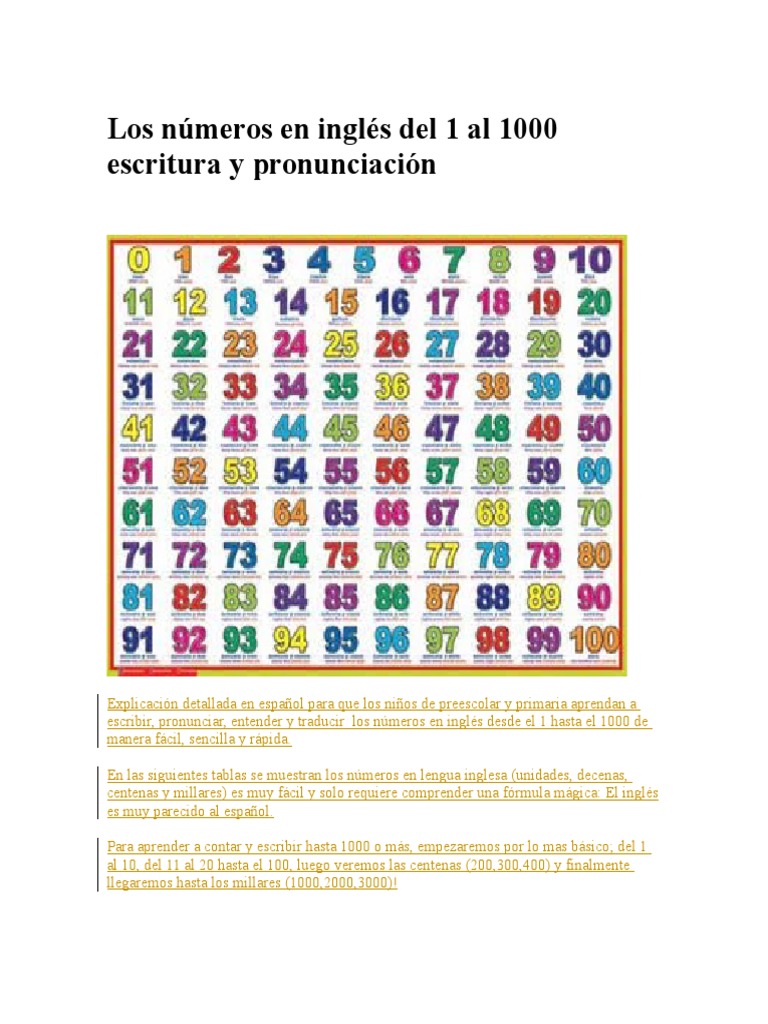 Hacer deporte Portero cáscara Los Números en Inglés Del 1 Al 1000 Escritura y Pronunciación | PDF |  Agitación | Idiomas