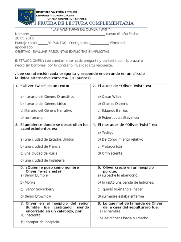 Prueba Del Libro Oliver Twist Fagin Oliver Twist