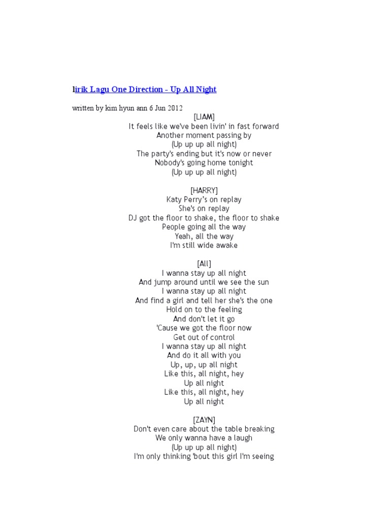 Lirik Lagu Up All Night (One Direction) | Leisure | Entertainment (General)