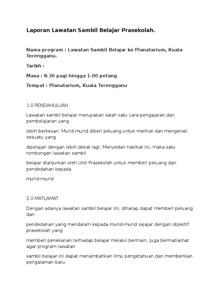 Contoh Laporan Aktiviti Prasekolah Doc