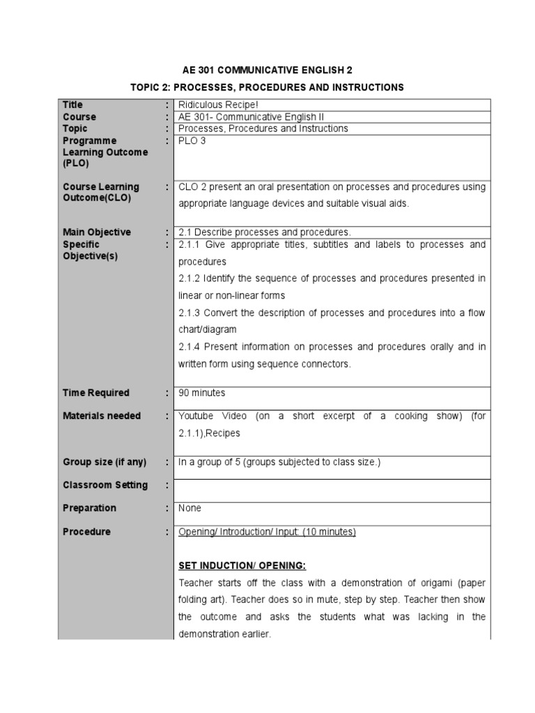 Ae 301 2 0 Processes And Procedures Recipe Computer File