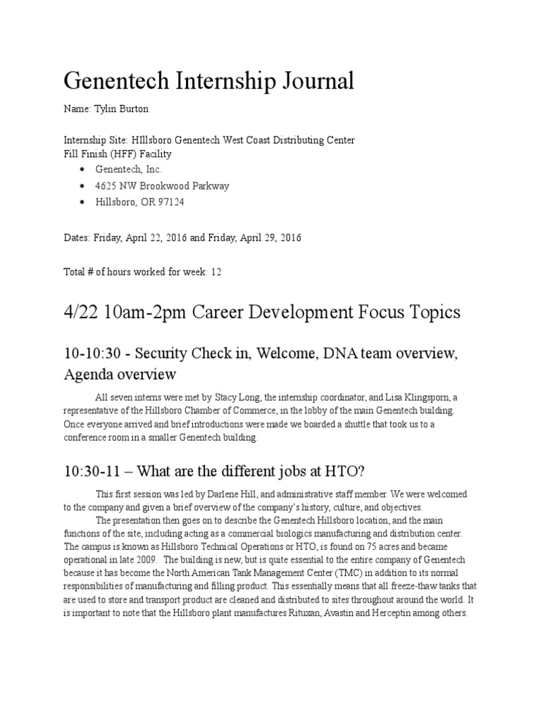 Genentech Internship Journal E-Portfolio | PDF | Internship | Job Hunting