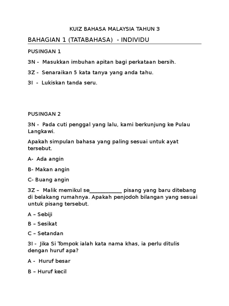Kuiz Bahasa Malaysia Tahun 3
