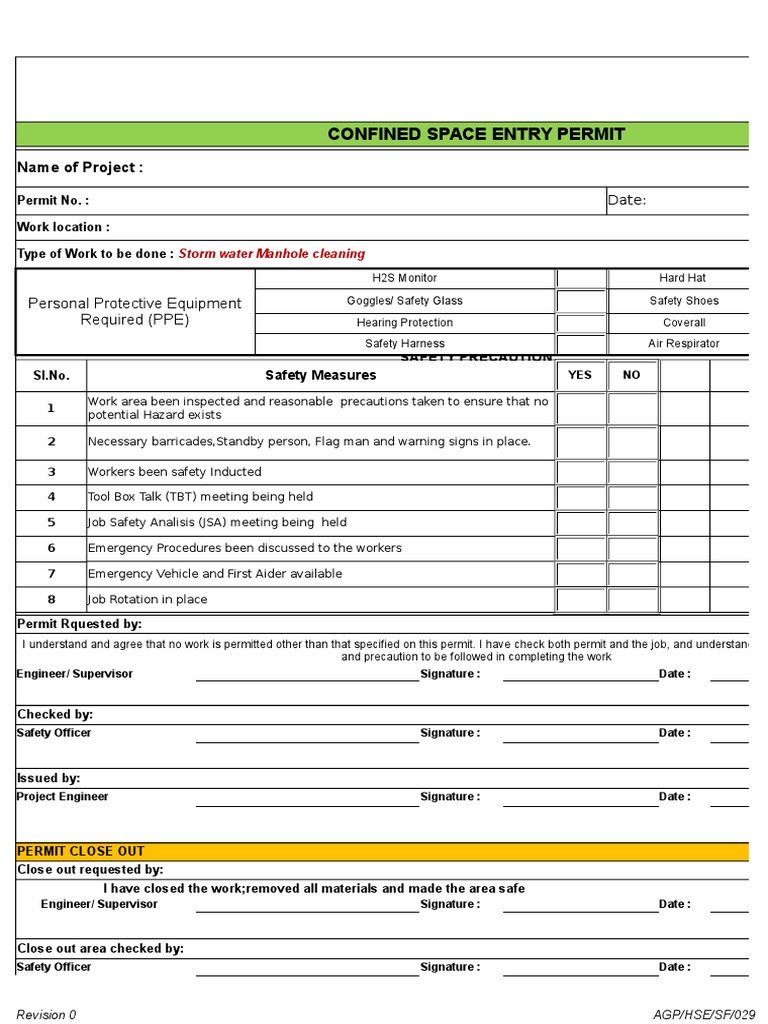 Confined Space Entry Permit Template | PDF | Technology & Engineering