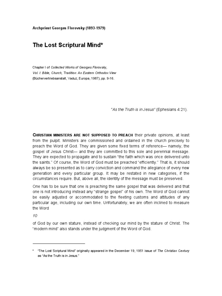 Florovsky Georges, The Lost Scriptural Mind | PDF