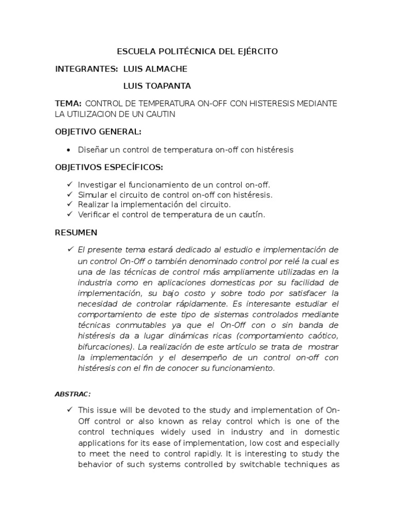 Informe de Control On Off Con Histeresis | PDF | Evolución | Ingeniería ...