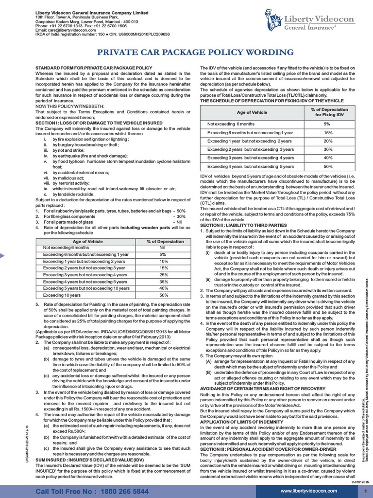 Private Car Insurance Policy Wording - Liberty Videocon ...