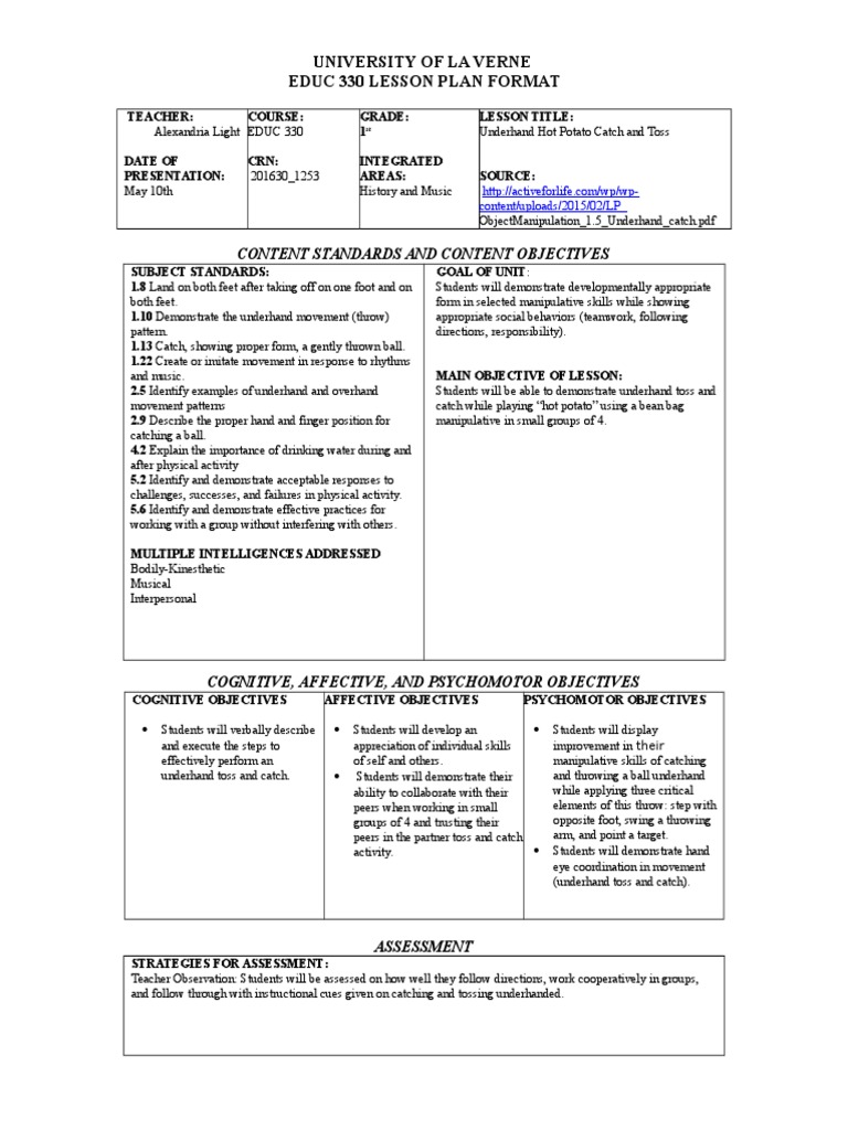 physical education lesson plan manipulative Educational