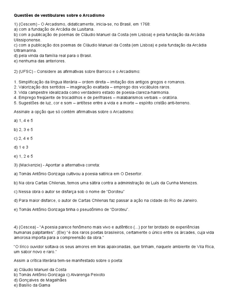 Questões de Vestibulares sobre Arcadismo | PDF | Romantismo | Poesia