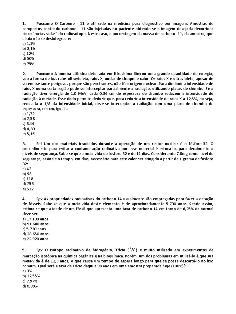 Lista de Exercícios de Química - Meia-Vida | PDF | Radioatividade | Carbono