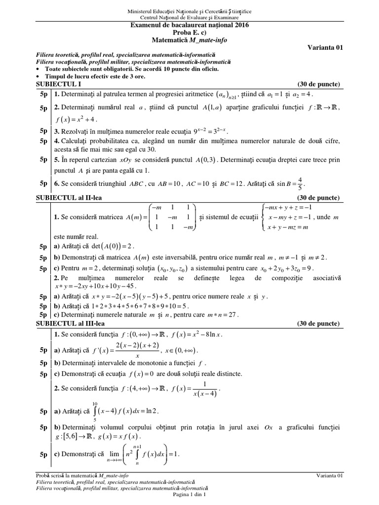 Proba Obligatorie A Profilului. Examen Matematica Profil Real ...