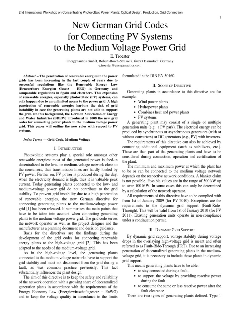 German Grid Code For Connection PV at MV | PDF