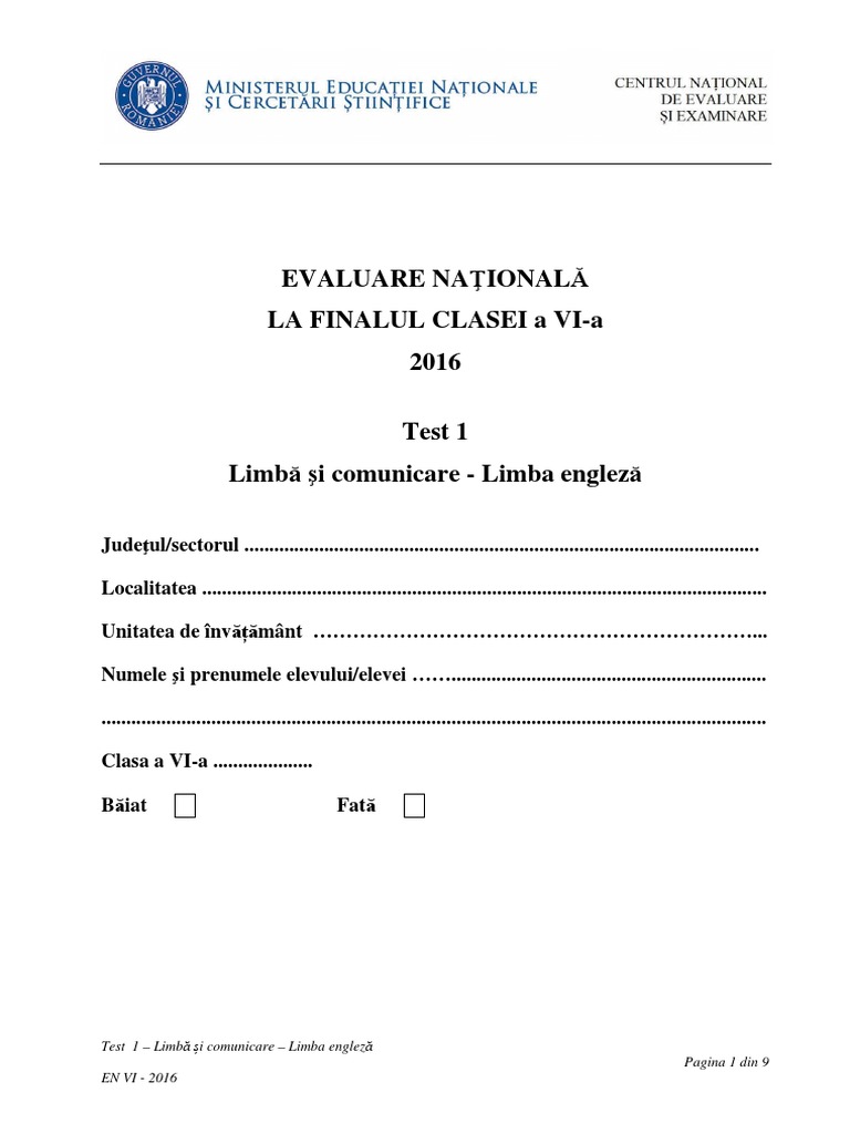 Evaluarea Nationala Cls Vi 2016 Test 1 Limba Si Comunicare Engleza