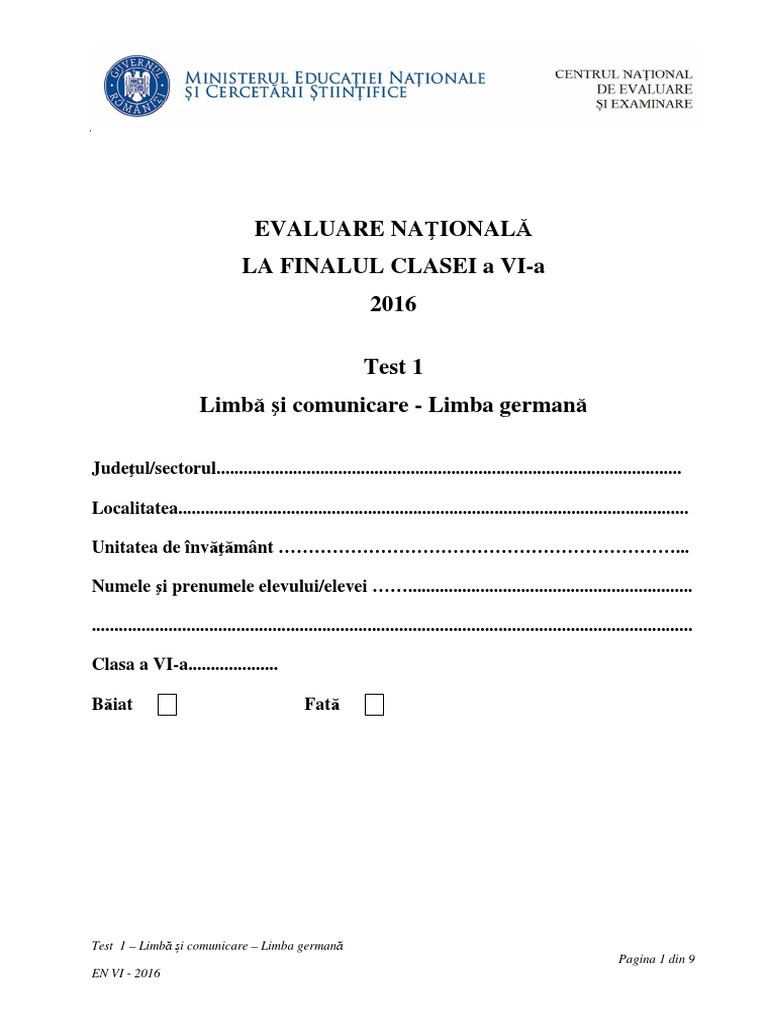 Evaluarea Nationala Cls Vi 2016 Test 1 Limba Si Comunicare Germana