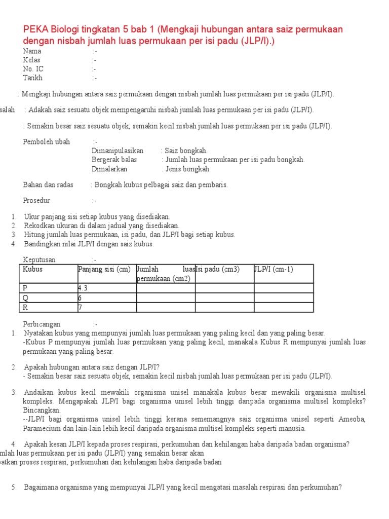 Peka Biologi Tingkatan 5 Bab 1 Luas Permukaan Pdf