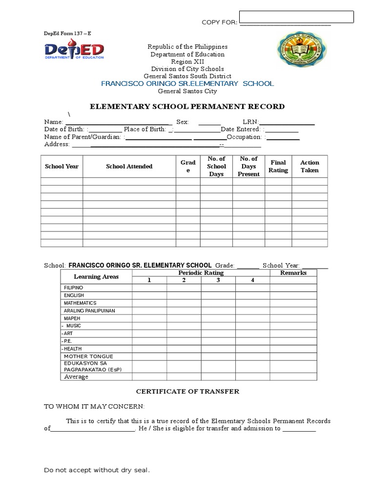 Deped Form 137 Traditions Sharing