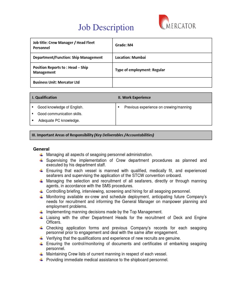JD - Crew ManagerHead Fleet Personnel | PDF | Sailor | Employment