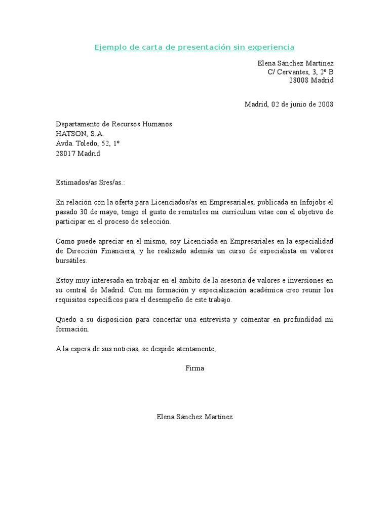Ejemplo de Carta de Presentación Sin Experiencia