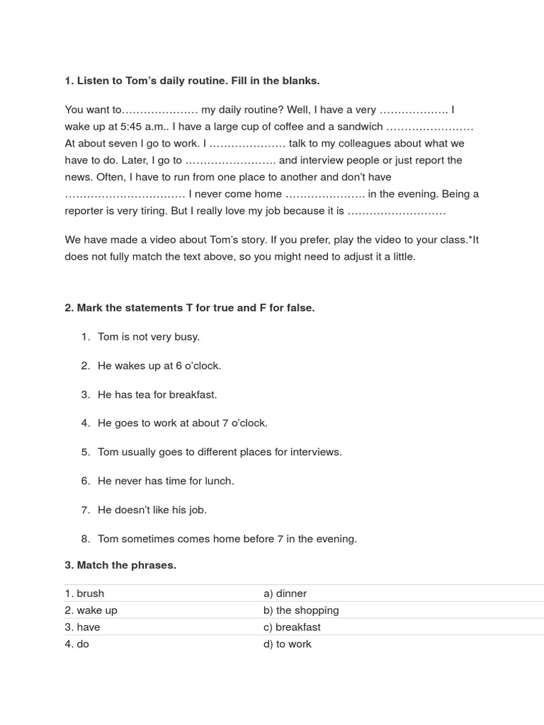 Tom's Daily Routine Overview | PDF
