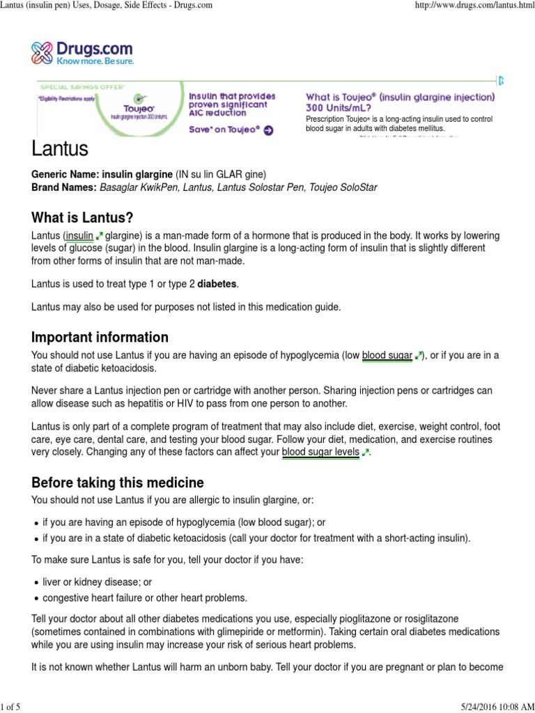 Lantus (Insulin Pen) Uses, Dosage, Side Effects Drugs PDF