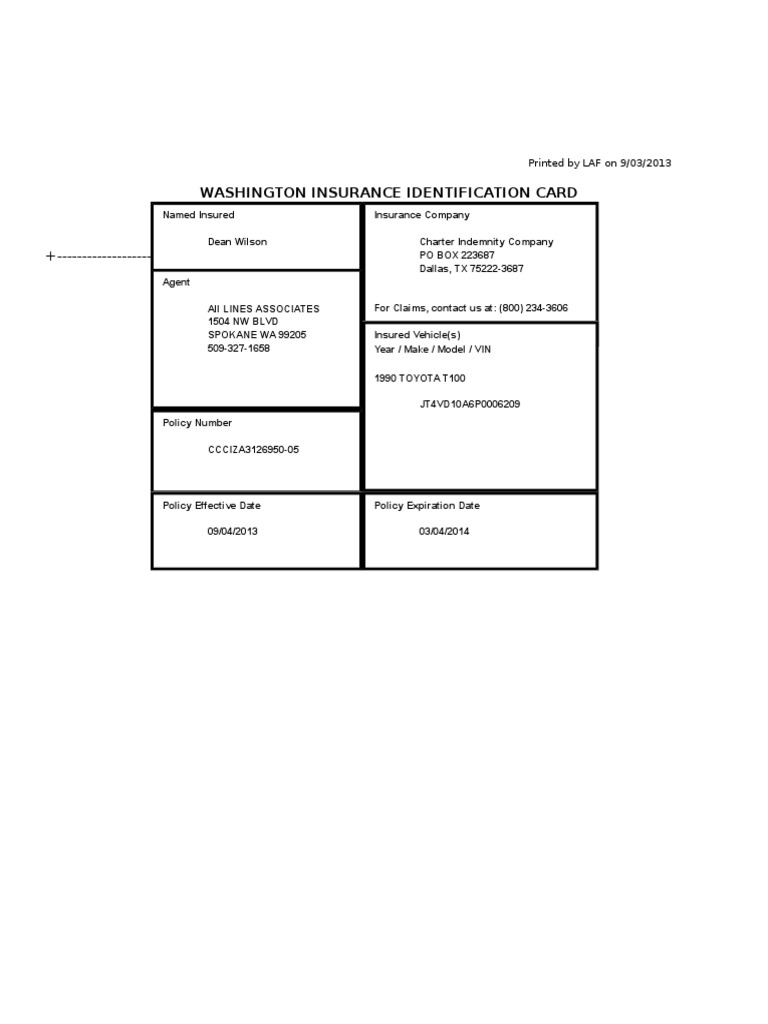 Washington Insurance Card Template | PDF | Insurance | Motor Vehicle