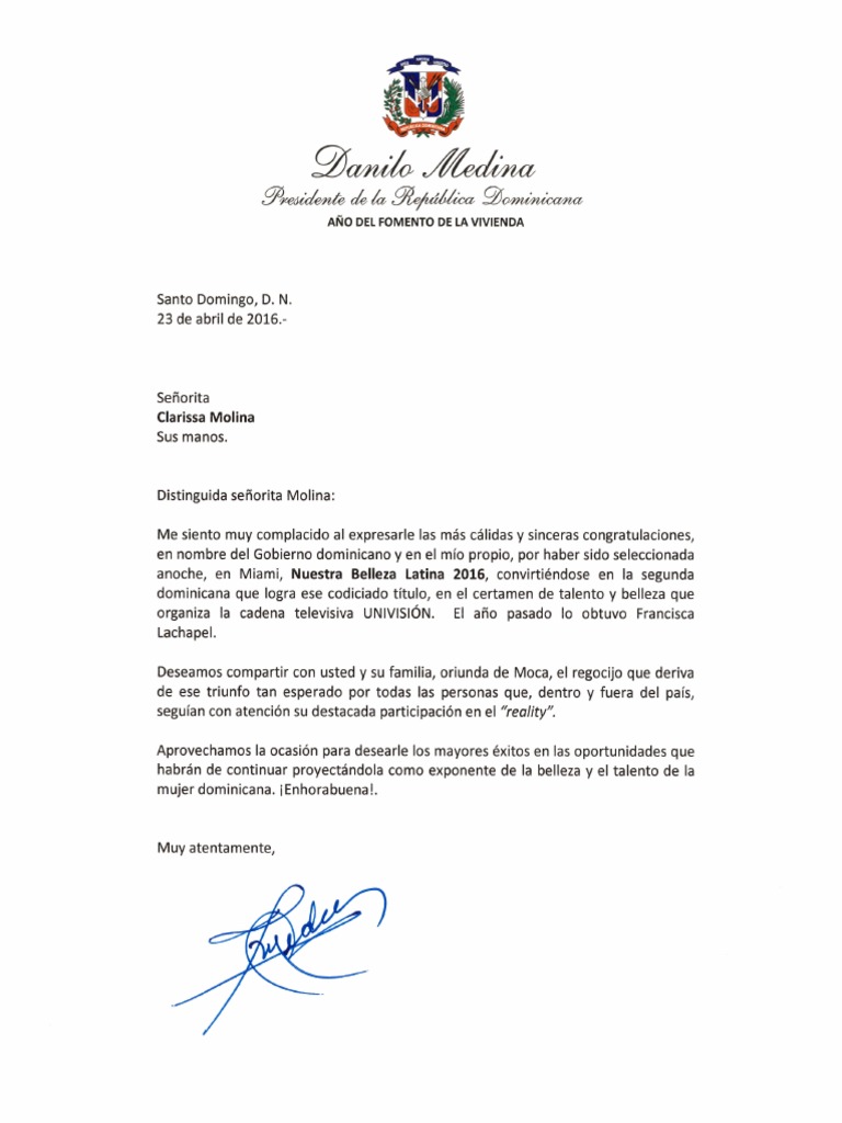 Carta de Felicitación del Presidente Danilo Medina a Clarissa Molina