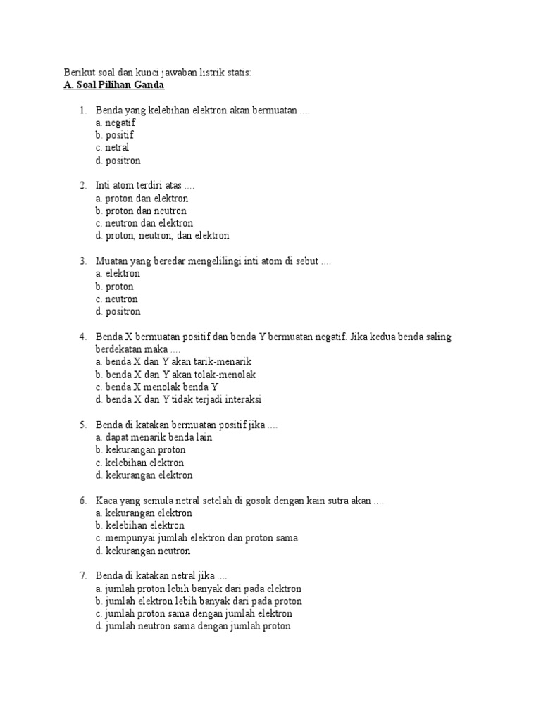 Berikut Soal Dan Kunci Jawaban Listrik Statis Pdf