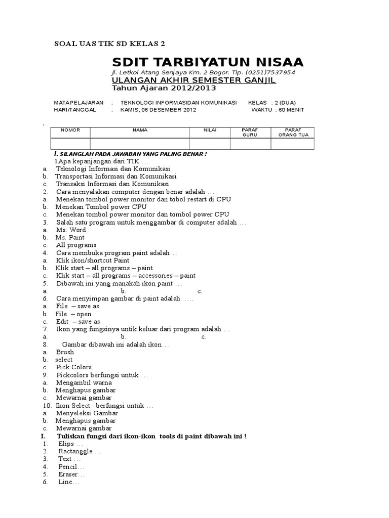 Soal Uas Tik Sd Kelas 2 Docx