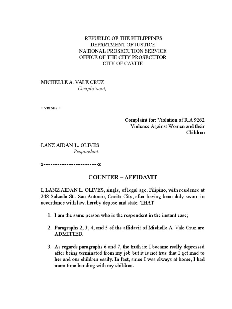 VAWC Counter Affidavit Prosecution Violence