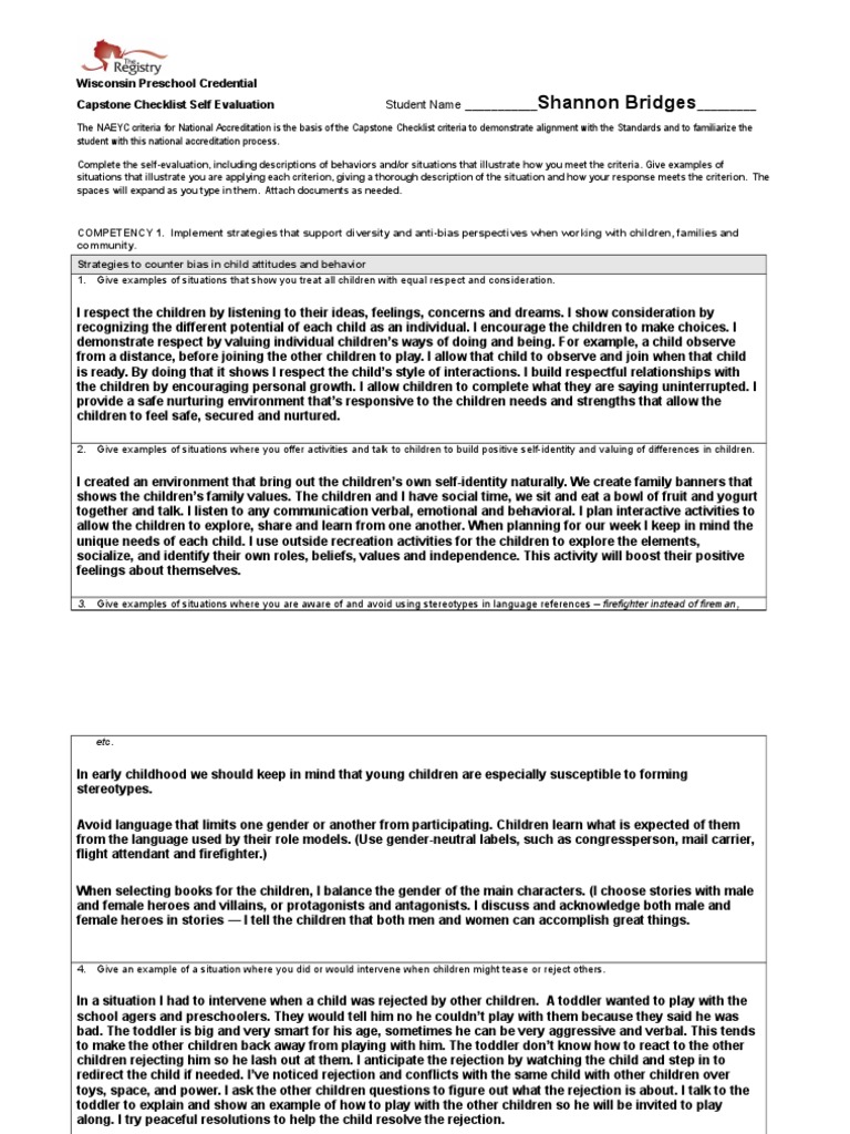 Preschool Capstone Checklist Self-Evaluation | PDF | Child Development ...