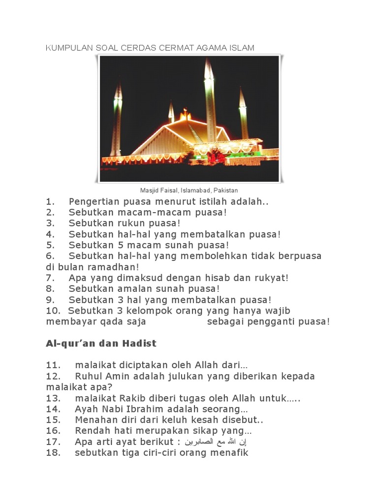 Soal Cerdas Cermat Agama Islam Sd Dan Kunci Jawaban Contoh Soal Lomba