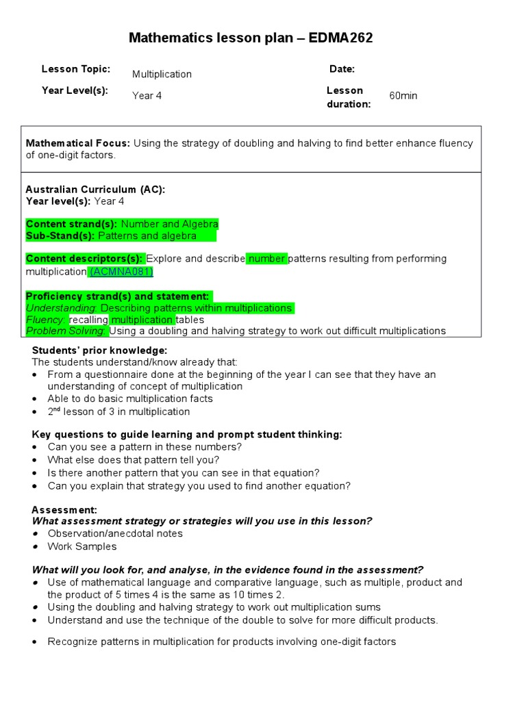 Lesson Plan - Mathematics Edma2622015 1 | PDF | Lesson Plan ...