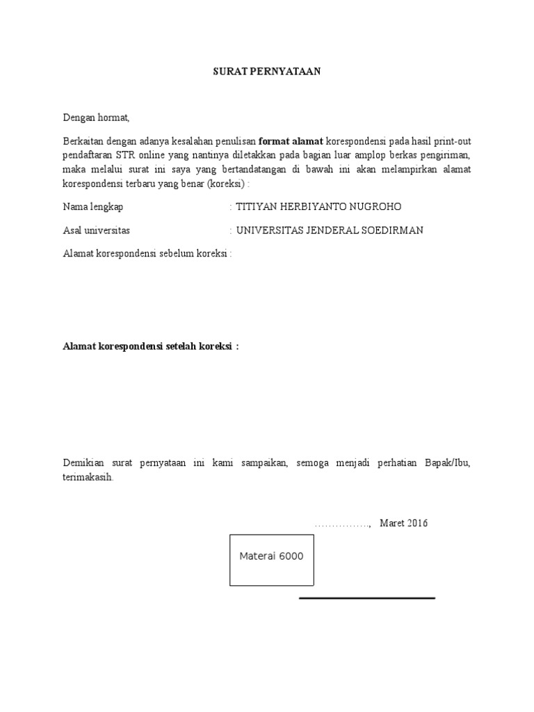 Surat Keterangan Ralat Alamat Korespondensi