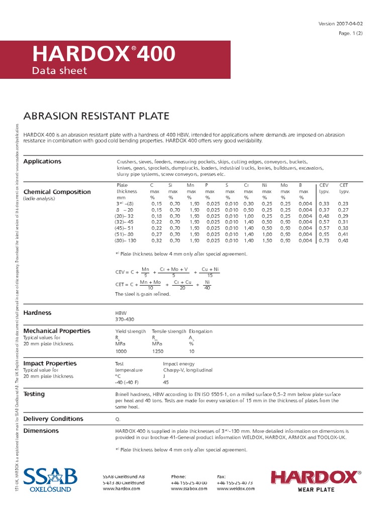Hardox Uk 400 PDF Strength Of Materials Metal Fabrication