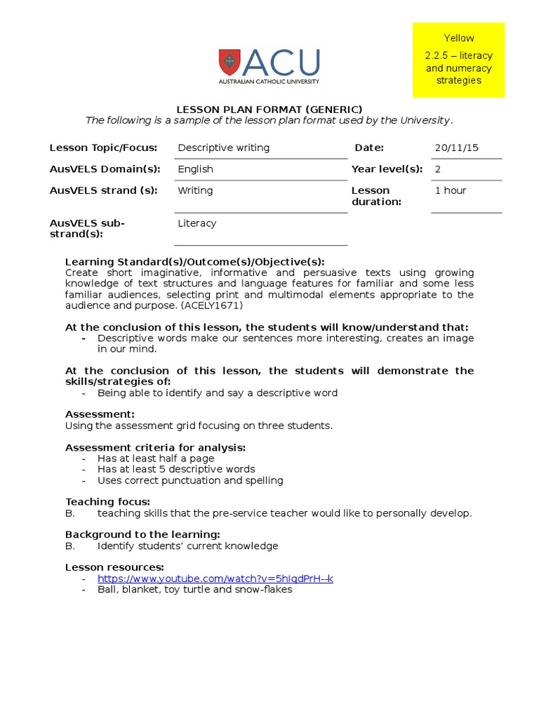 The Following Is A Sample of The Lesson Plan Format Used by The ...
