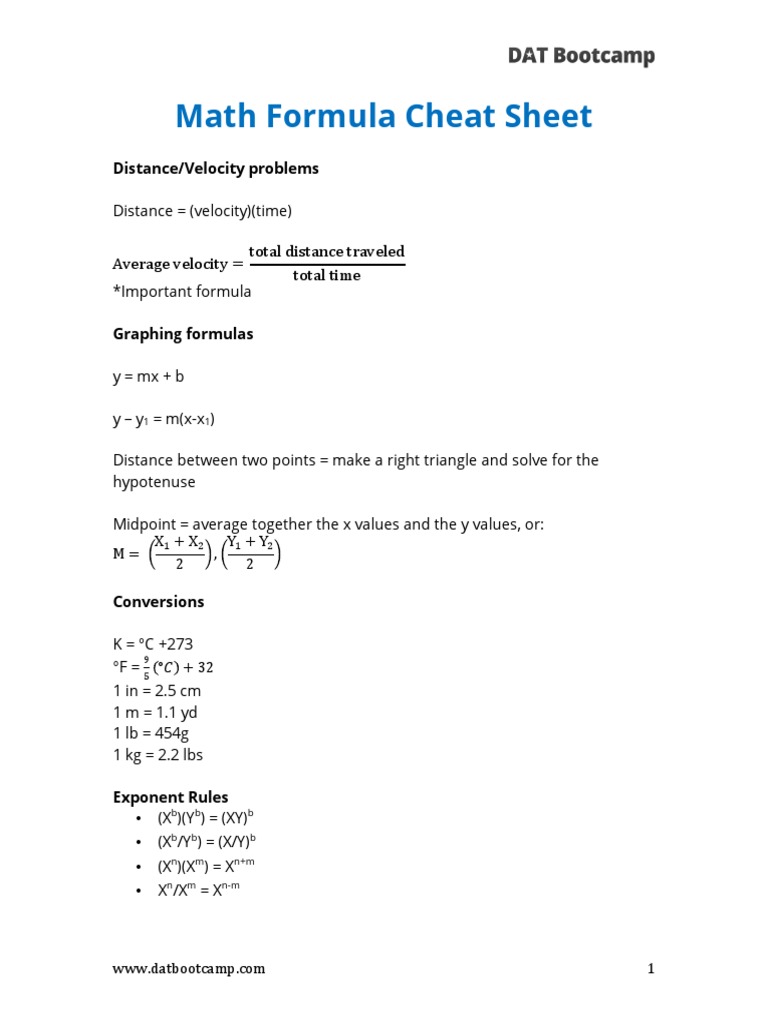 DAT Math Formula Cheat Sheet | PDF | Sine | Trigonometric Functions
