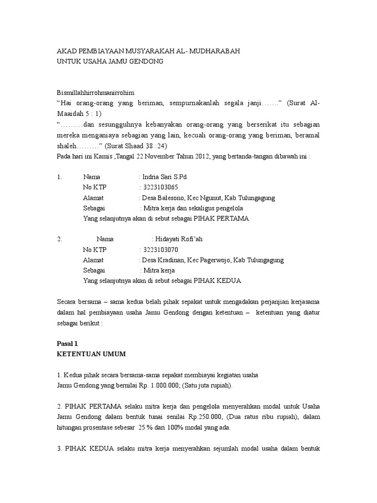 Contoh Akad Musyarakah Bank Syariah