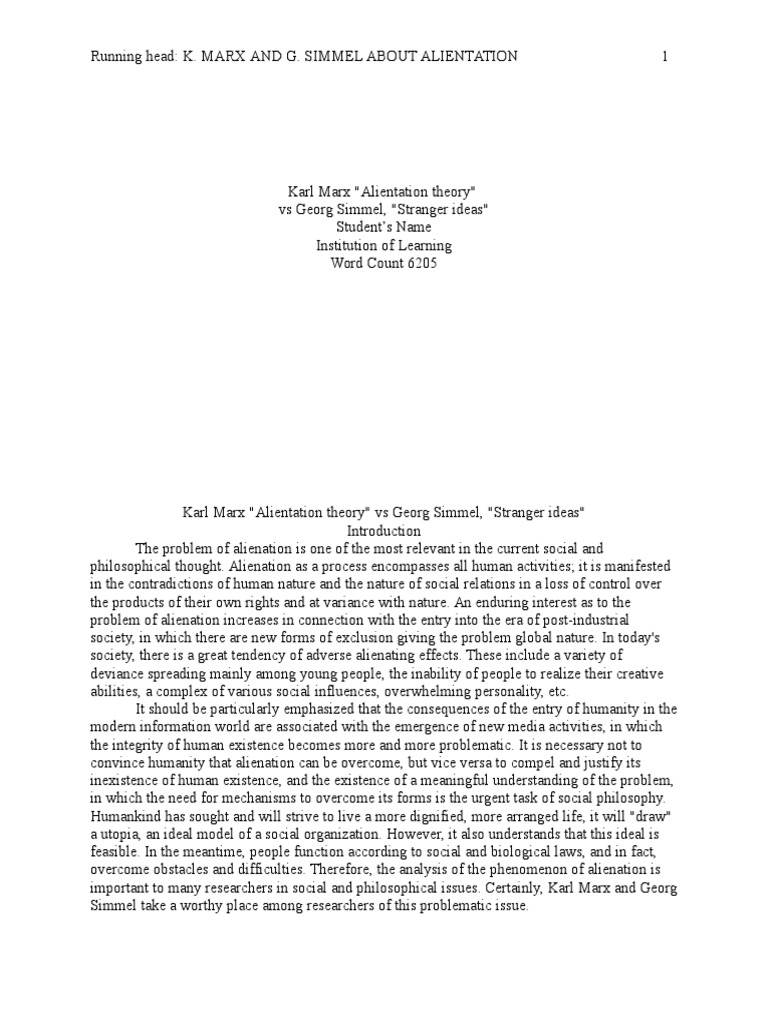 Karl marx alientation theory georg simmel strange pdf social