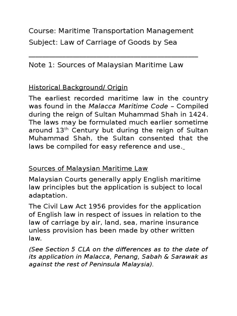 Student Notes 1 Source of Maritime Law Admiralty Law United Nations