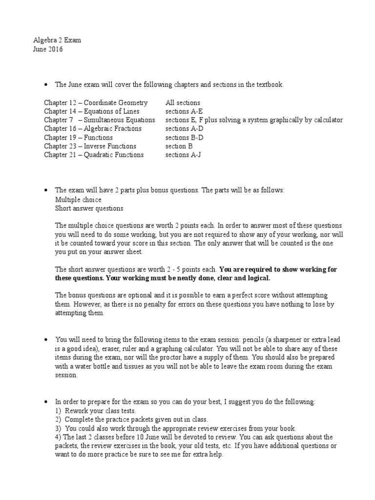 Algebra 2 Exam Guide | PDF | Algebra | Test (Assessment)