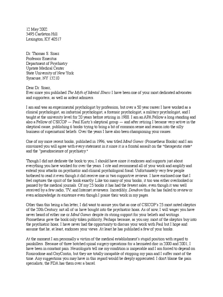 Letter to Thomas Szasz from psychologist Robert A. Baker Psychiatry