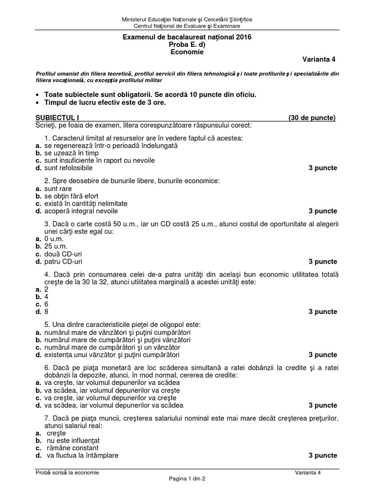 Bac Sesiune Speciala, Economie 2016 PDF