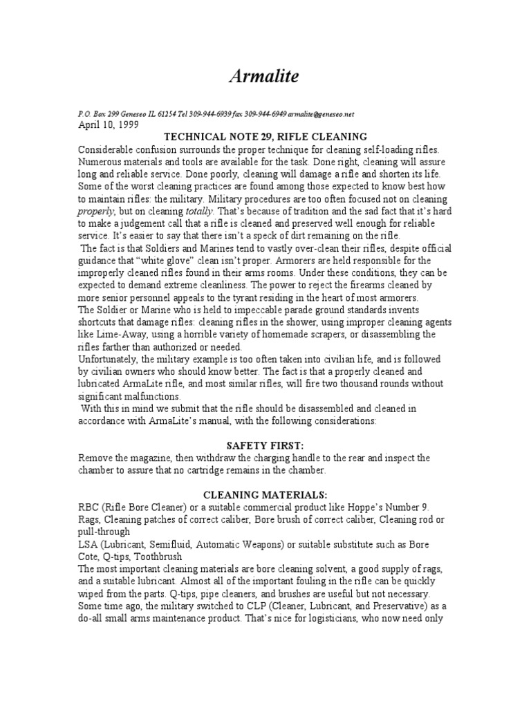 Armalite Technical Note 29 Rifle Cleaning Instructions PDF Rifle