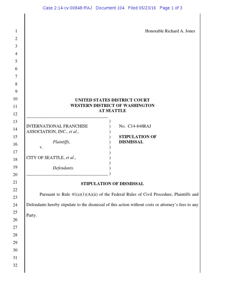 Stipulation of Dismissal Attorney's Fee Federal Rules Of Civil Procedure