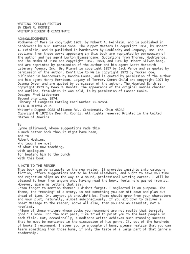 Koontz Dean Writing Popular Fiction | PDF | Paperback | Writers