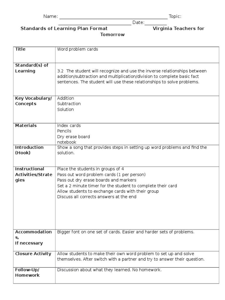 Word Problem Teaching Plan for 3rd Grade | PDF | Career & Growth | Art