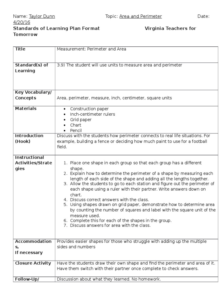 Area and Perimeter Lesson Plan | PDF | Career & Growth | Teaching ...