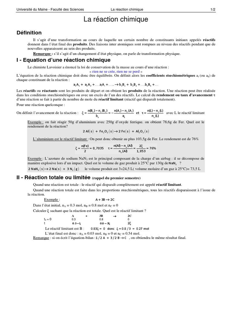 Rendement des Réactions Chimiques | PDF | Entropie | Équilibre chimique